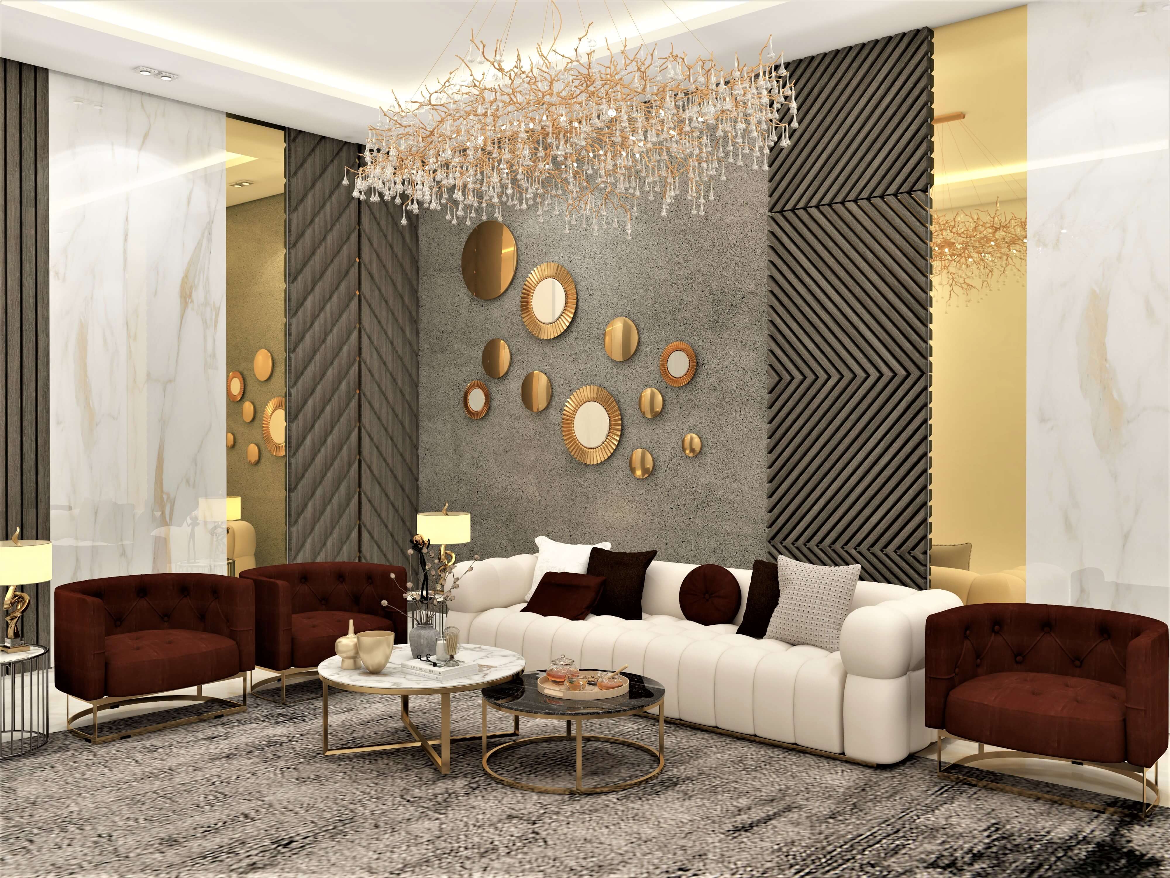 Contemporary living room design with golden art works - Beautiful Homes