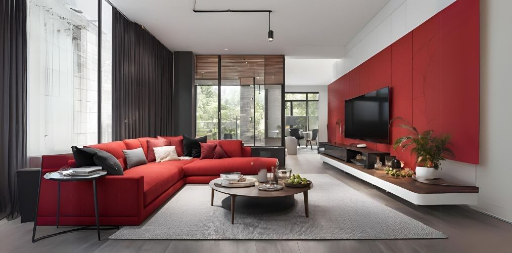 Contemporary living room design with red sofa and TV unit - Beautiful Homes