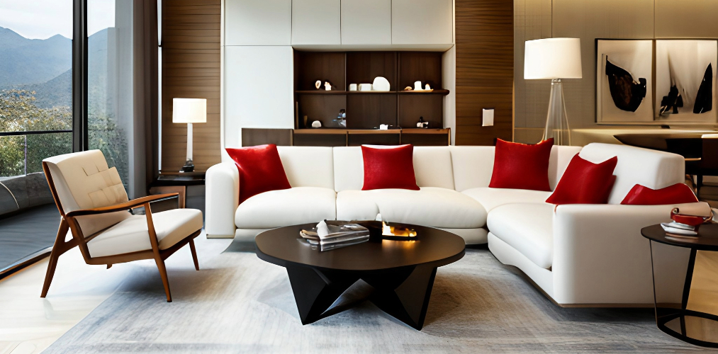 Contemporary living room with a round coffee table and white l shaped sofa-Beautiful Homes