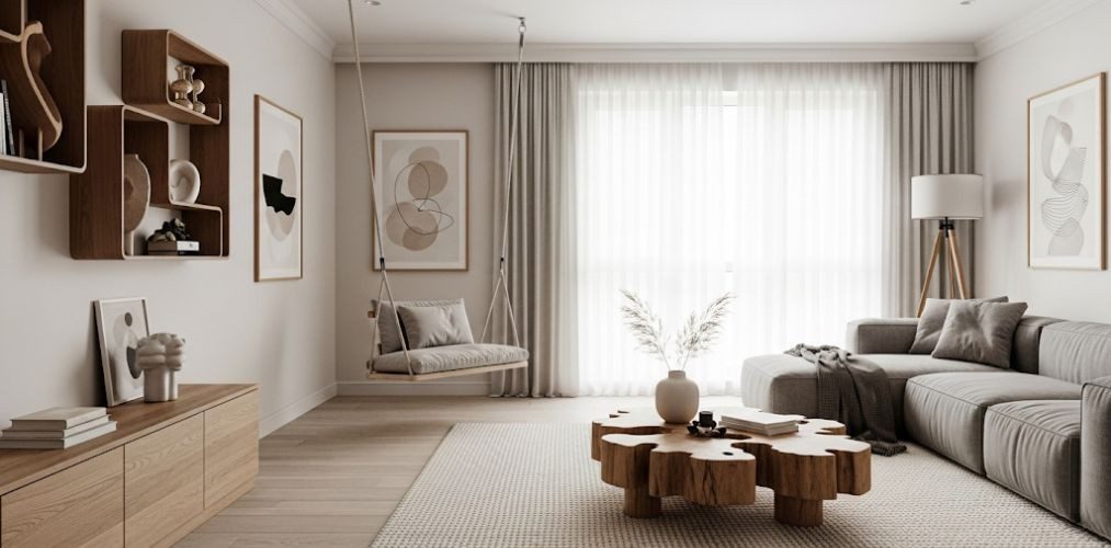 Living room with grey sofa and wooden table - Beautiful Homes