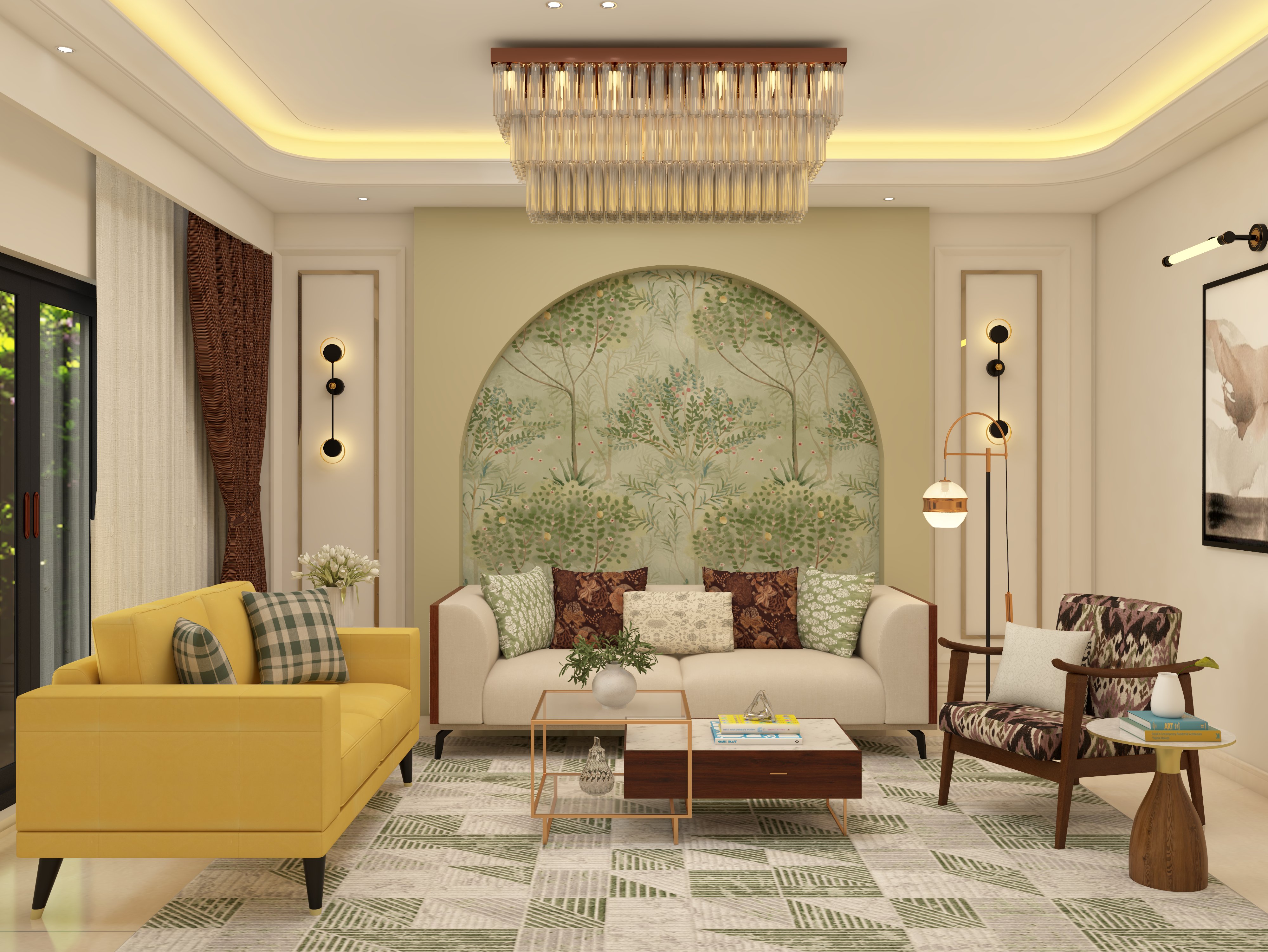 Contemporary living room with arched green panel with wallpaper and yellow and white sofas - Beautiful Homes