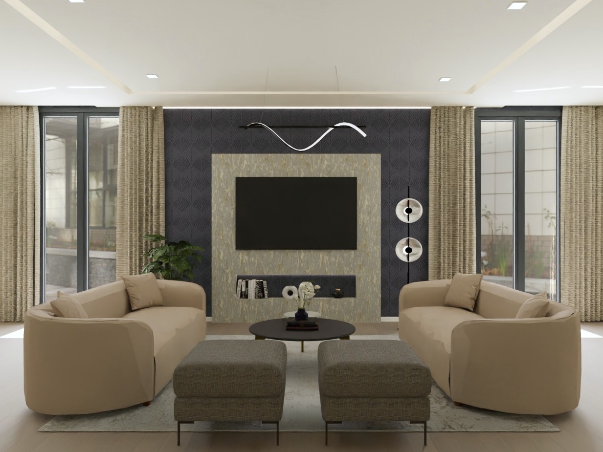 Contemporary living room with beige sofa and TV unit - Beautiful Homes