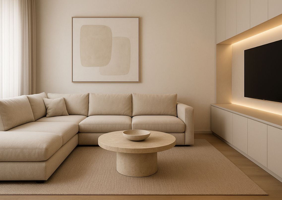 Beige sofa with round coffee table and décor - Beautiful Homes