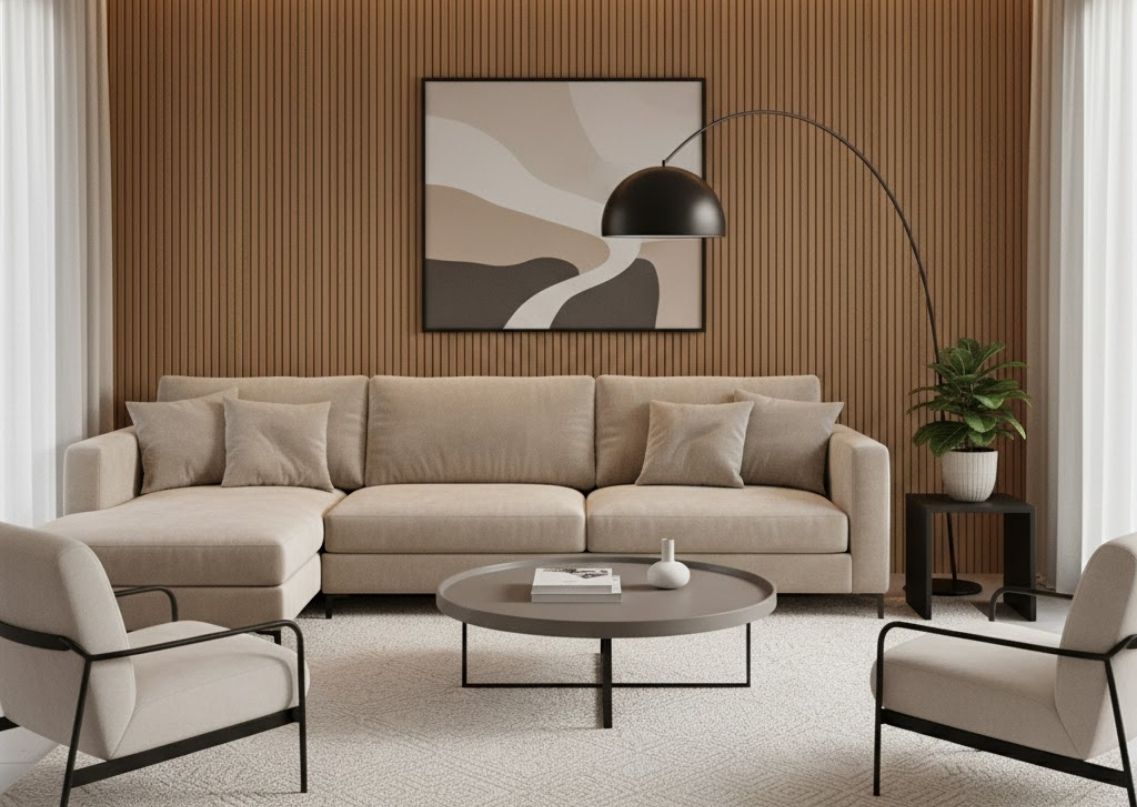 Living room with beige sofa and marble table - Beautiful Homes