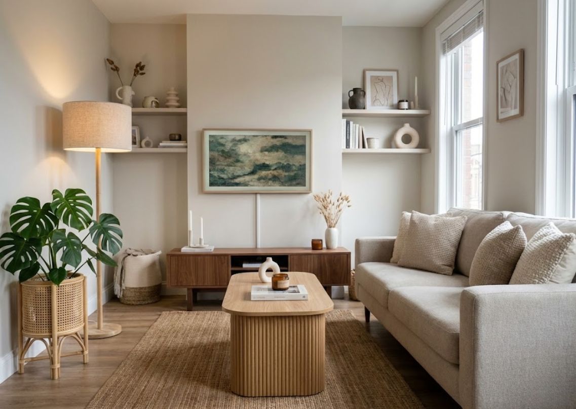 Living room with wooden table and beige sofa - Beautiful Homes