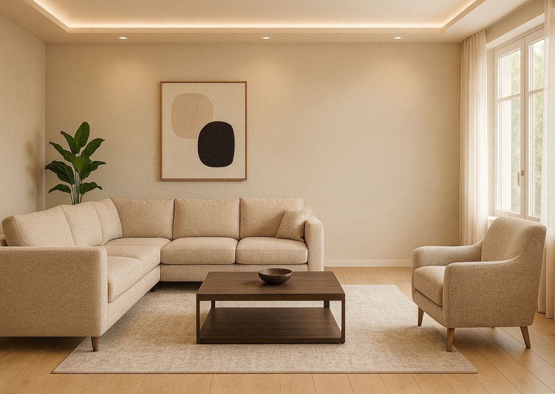 Modern living room with beige sofa and wall art - Beautiful Homes