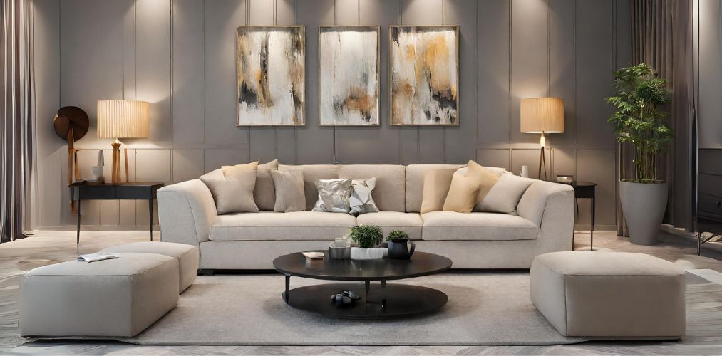 Contemporary living room with beige sofa set and grey walls-Beautiful Homes
