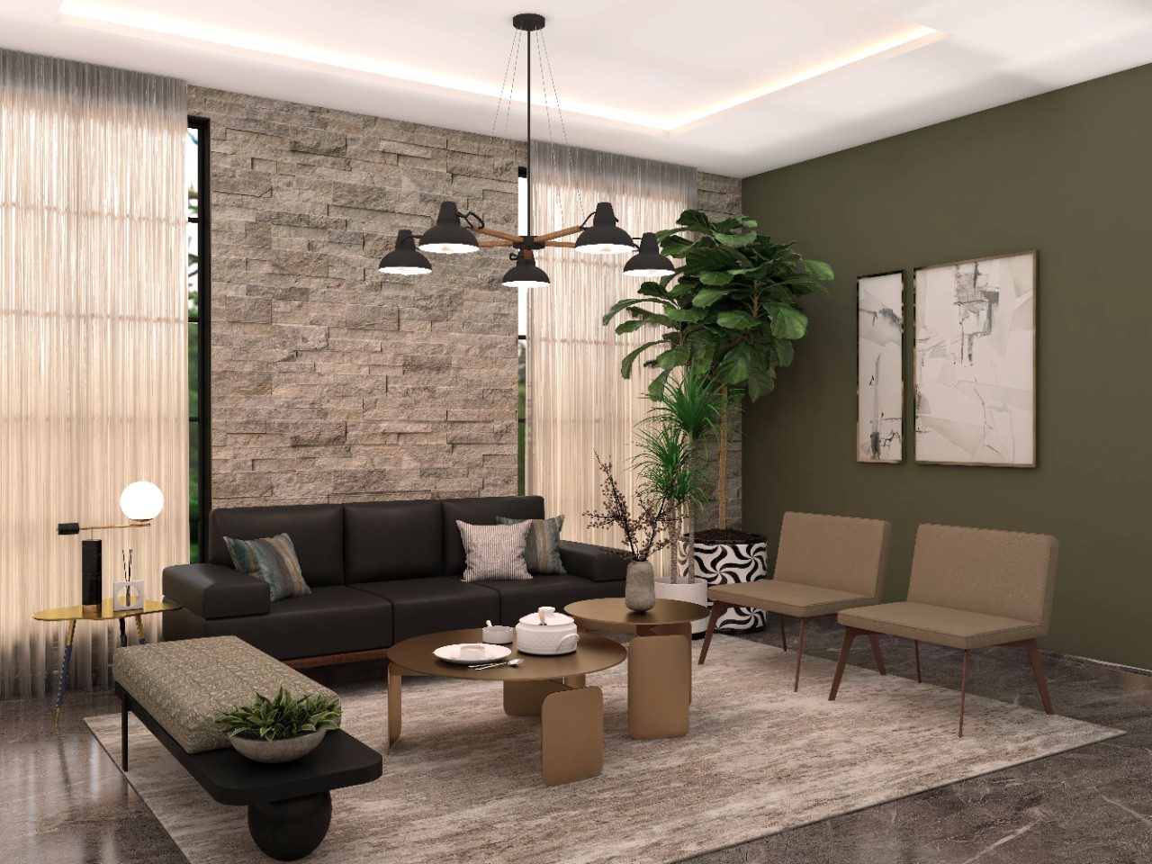 Contemporary living room with black leather sofa and exposed stone wall - Beautiful Homes