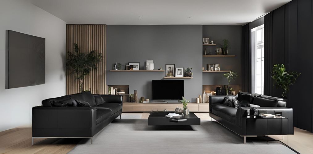 Contemporary living room with black leather sofas and wooden TV unit - Beautiful Homes