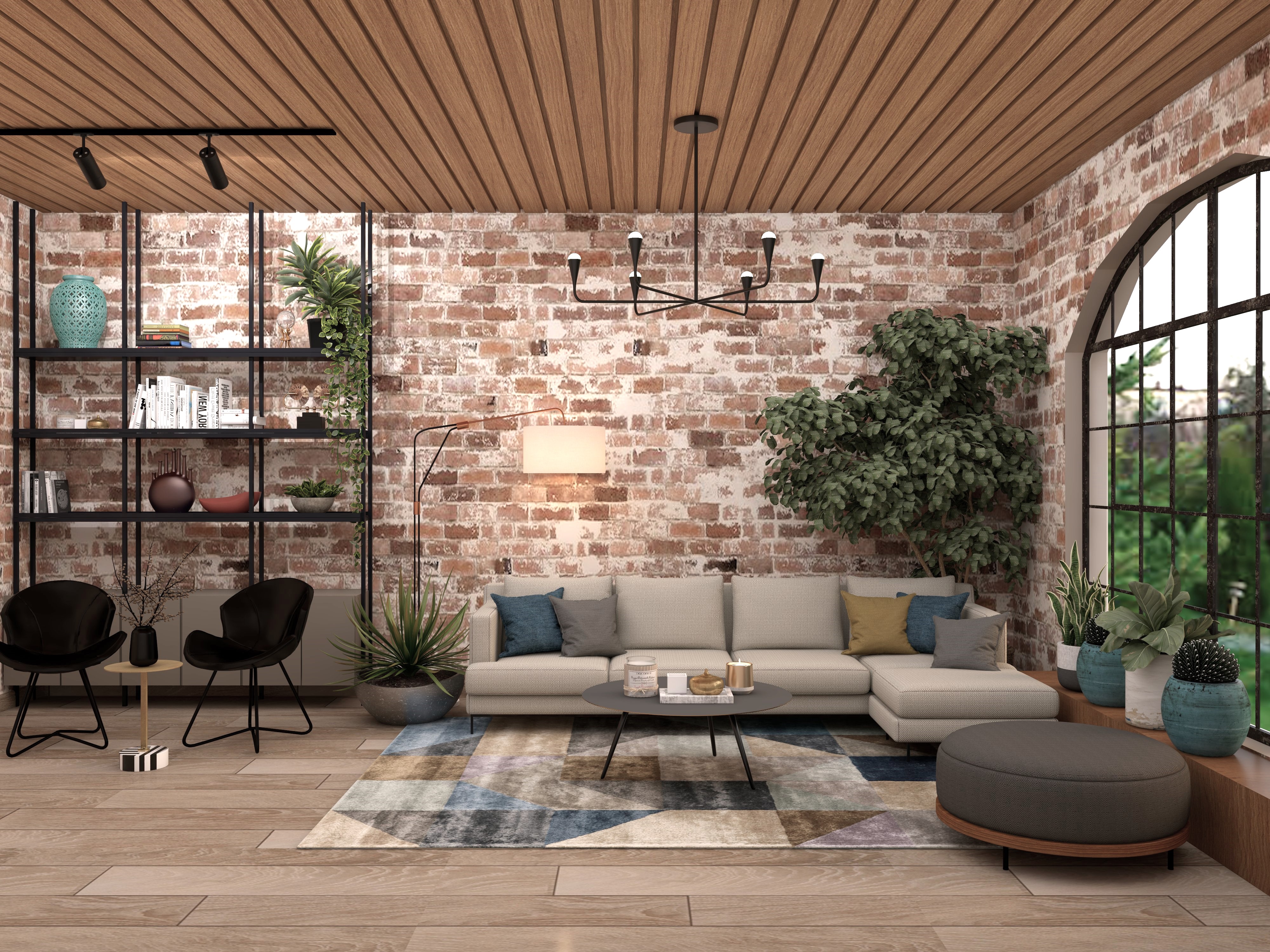 Modern living room with brick wall and décor - Beautiful Homes