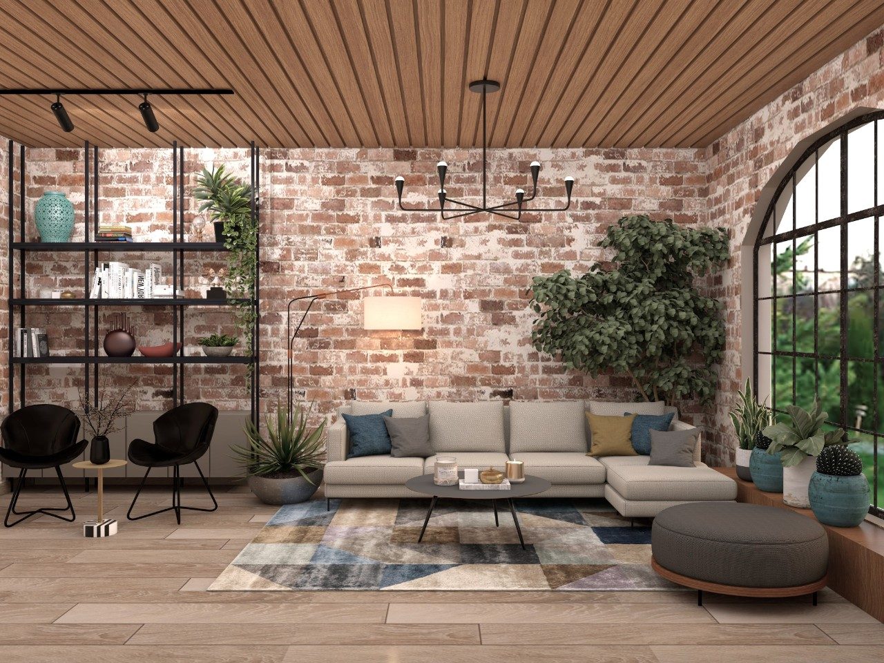 Modern living room with brick wall and décor - Beautiful Homes