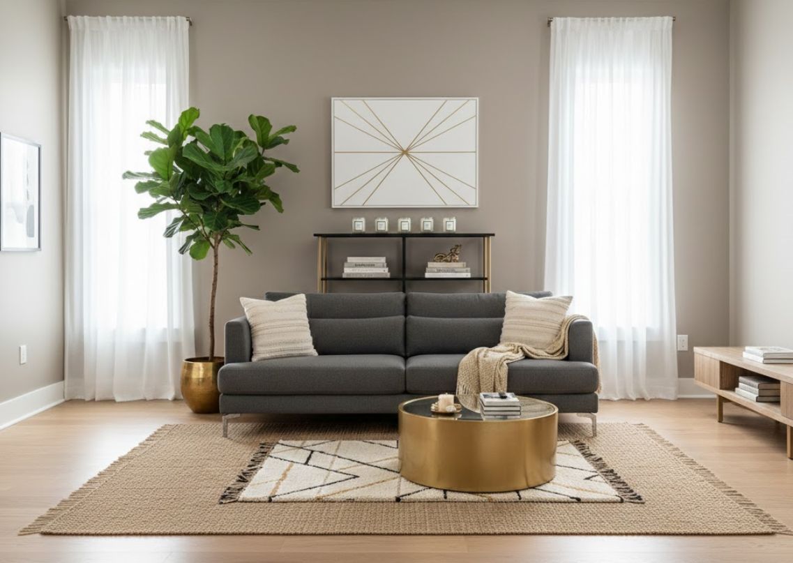 Modern living room with grey sofa and gold table - Beautiful Homes