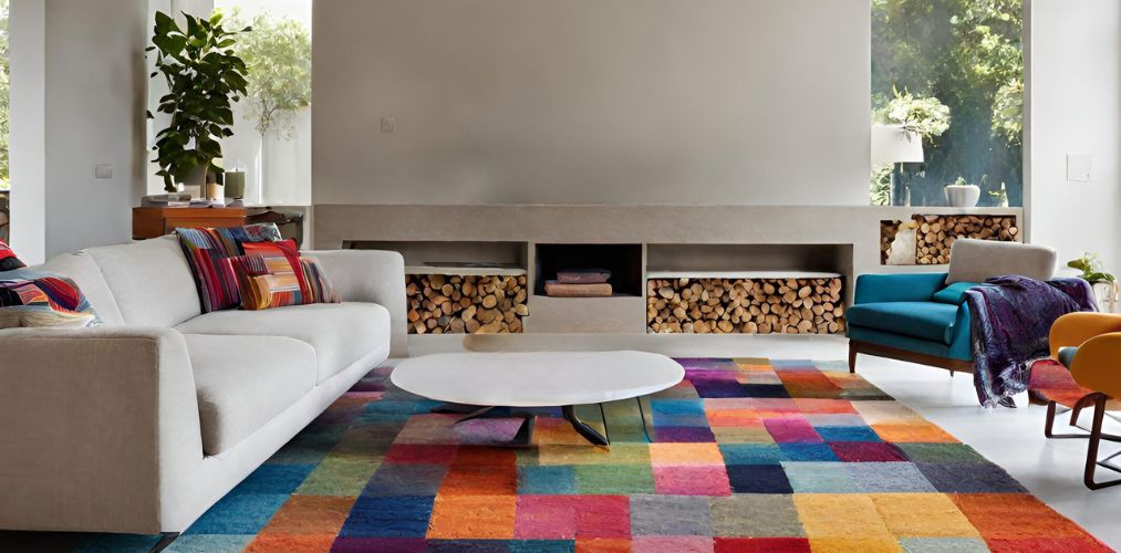 Contemporary living room with colourful rug and cushions - Beautiful Homes