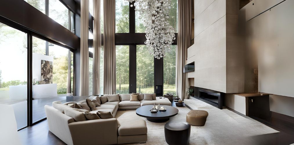 Contemporary living room with double height and modern chandelier - Beautiful Homes