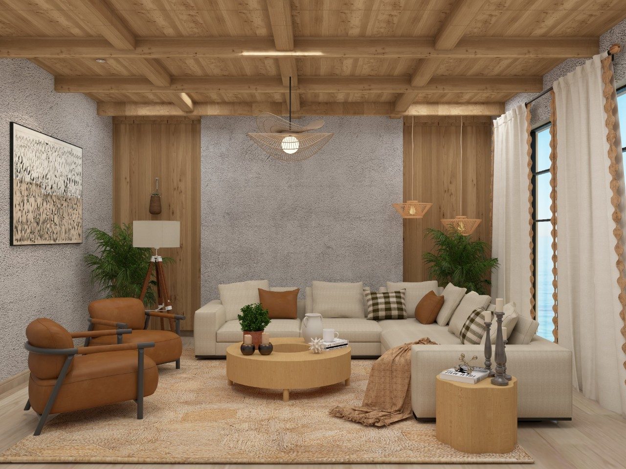 Modern living room with wooden décor - Beautiful Homes