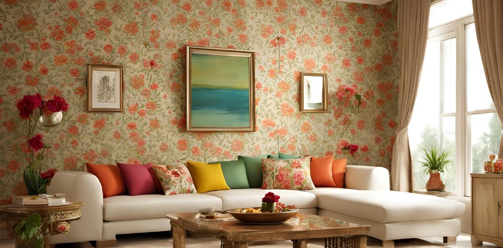 Contemporary living room with floral patterned wallpaper - Beautiful Homes