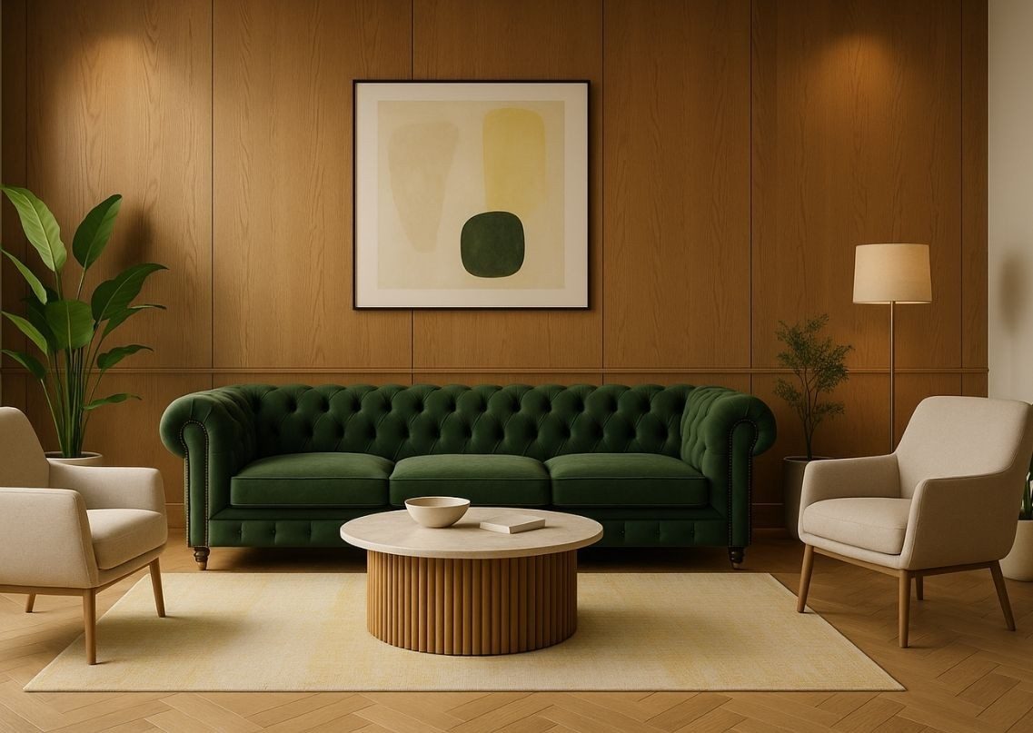 Living room with green sofa and wooden accents - Beautiful Homes