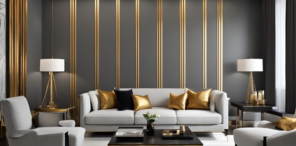 Contemporary living room with grey accent wall and gold inlay strips - Beautiful Homes