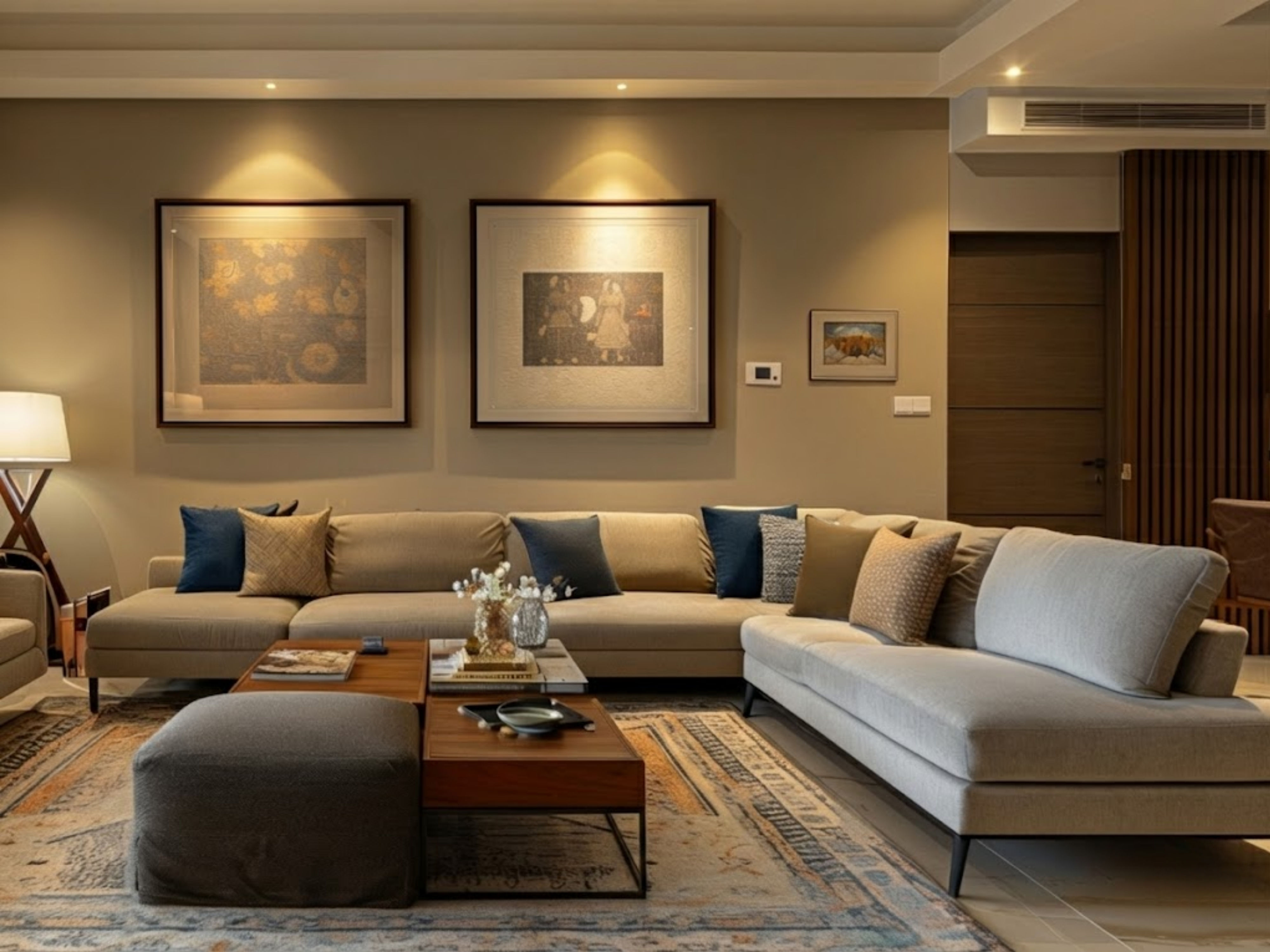 Living room with sofa, wooden table, and décor - Beautiful Homes