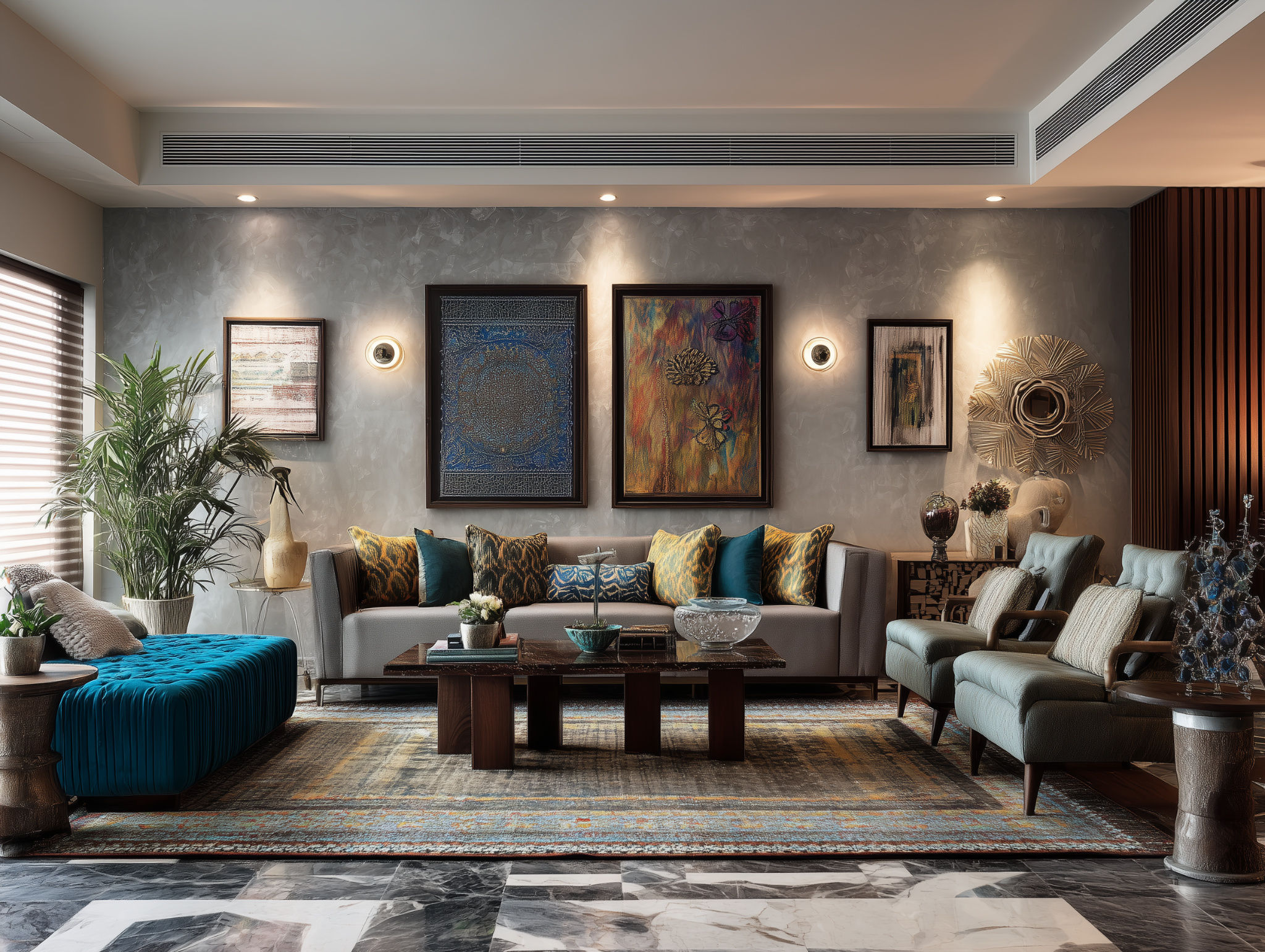 Living room with grey sofa and artistic accents - Beautiful Homes