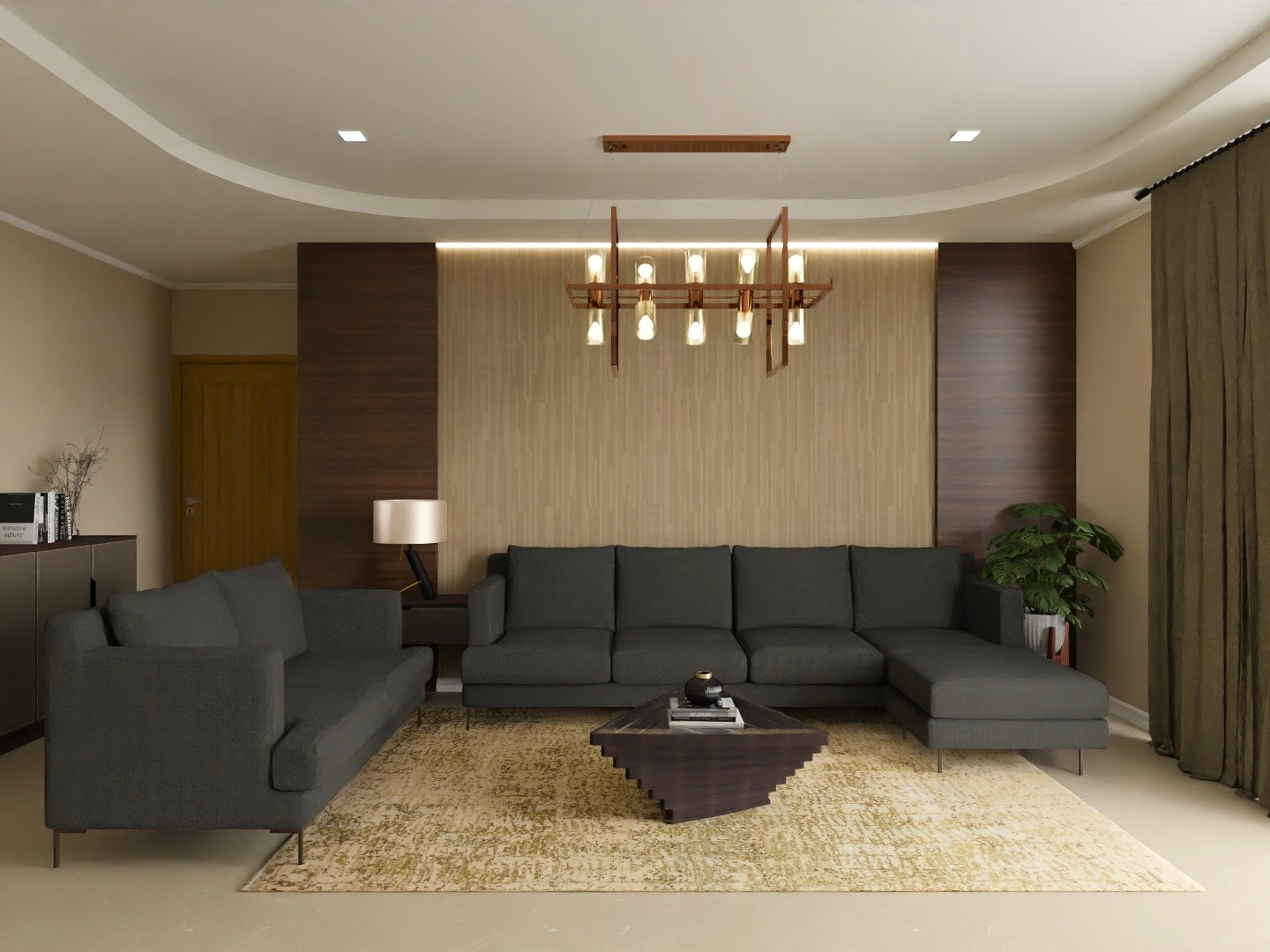 Living room with grey sofa and wooden table - Beautiful Homes