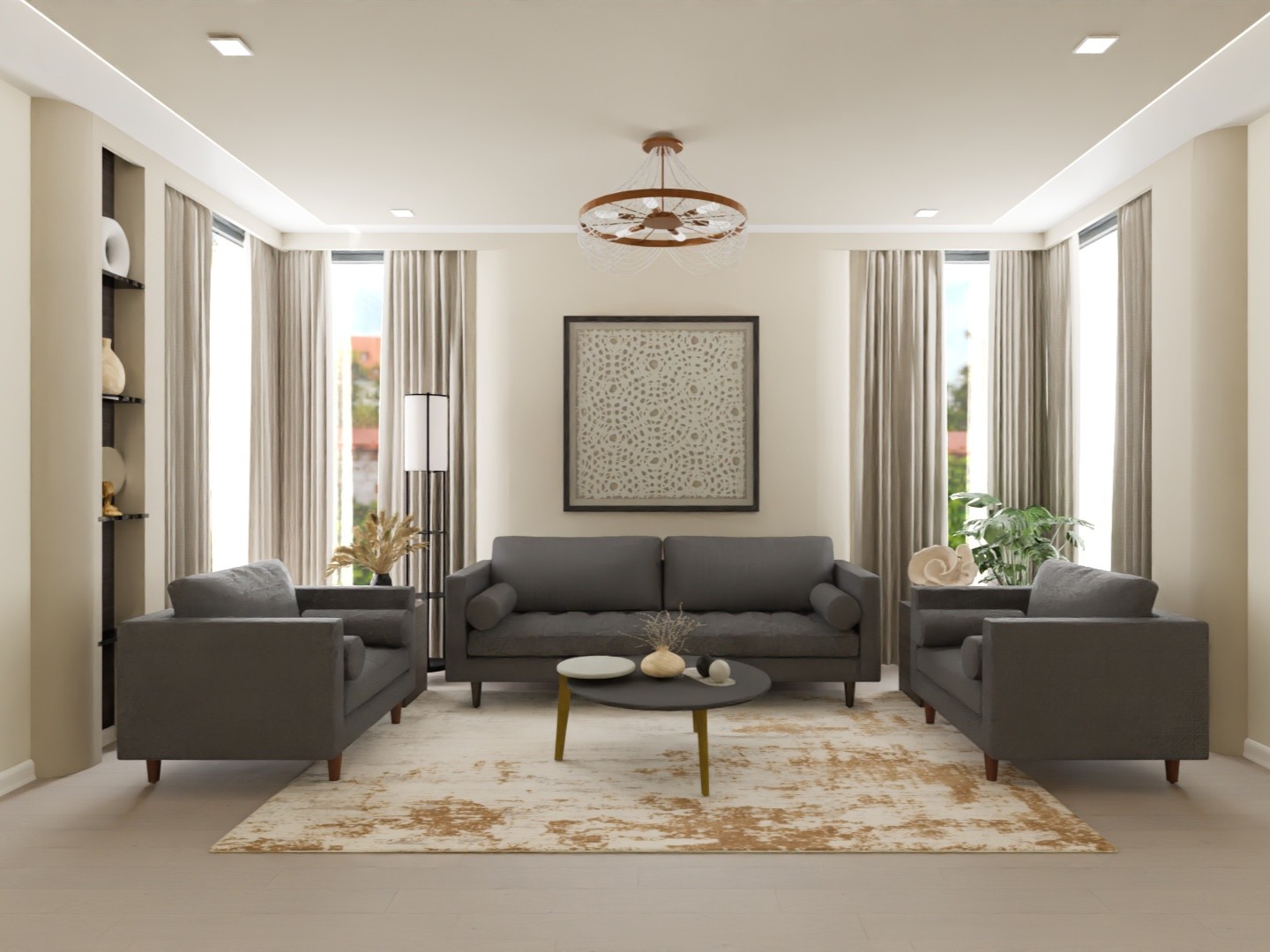 Living room with grey sofa and neutral décor - Beautiful Homes