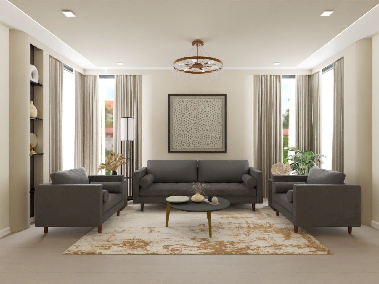 Living room with grey sofa and neutral décor - Beautiful Homes