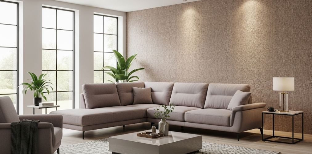 Living room with grey L-shaped sofa and plants - Beautiful Homes