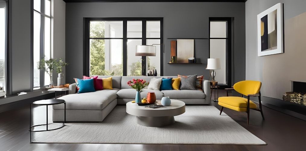 Contemporary living room with light grey sofa and accent chair - Beautiful Homes