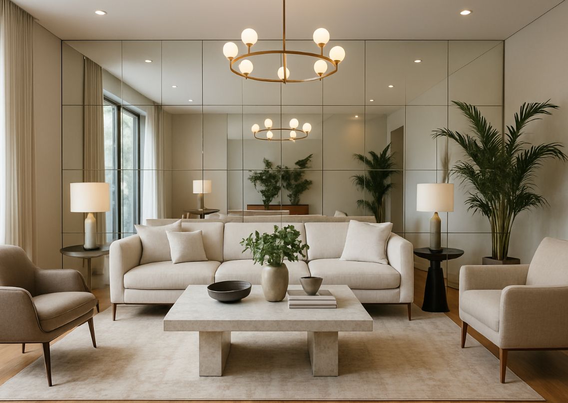 Neutral living room with mirrored wall and décor - Beautiful Homes
