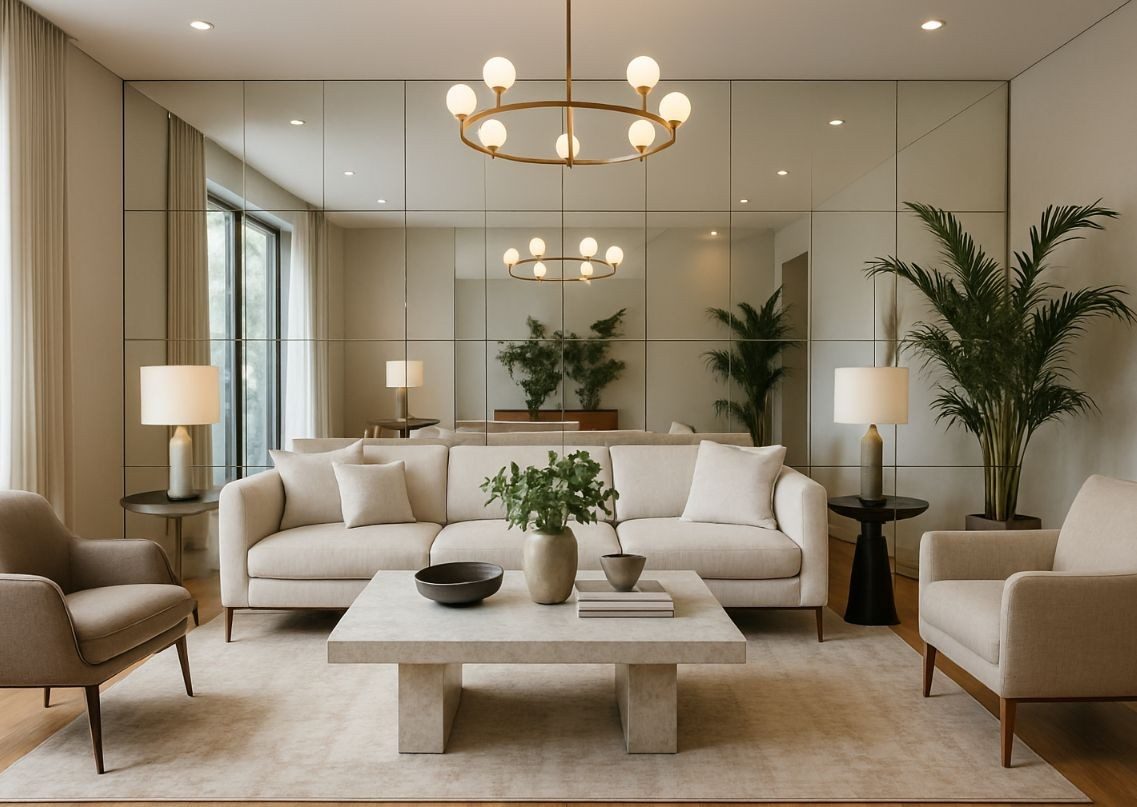 Neutral living room with mirrored wall and décor - Beautiful Homes