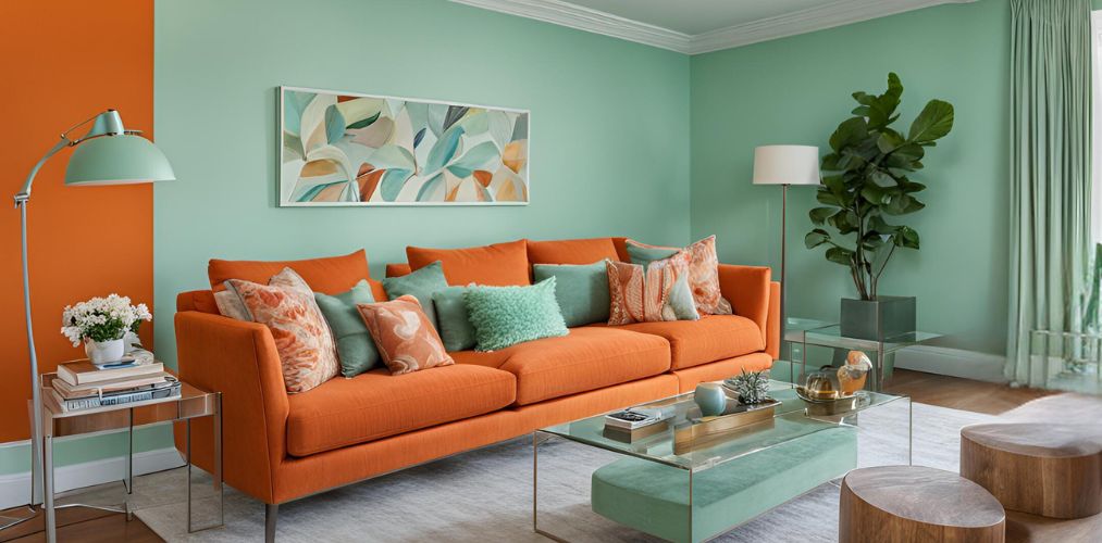 Contemporary living room with orange sofa and mint green accent wall - Beautiful Homes