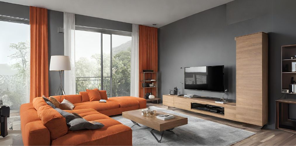 Contemporary living room with orange sofa and wooden tv unit-Beautiful Homes