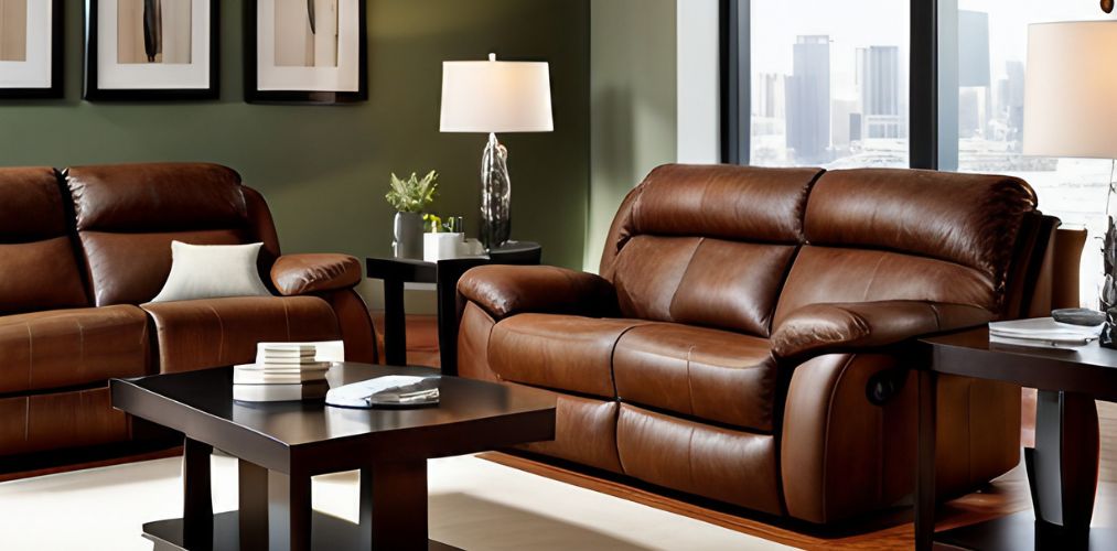 Contemporary living room with brown recliner sofa and black side table-Beautiful Homes