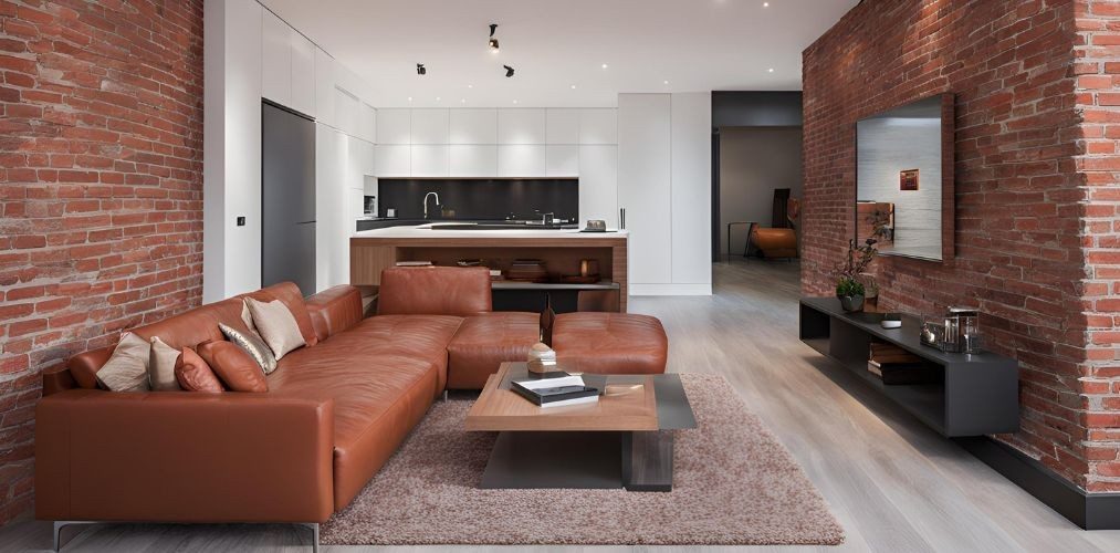 Contemporary living room with red brick wall - Beautiful Homes