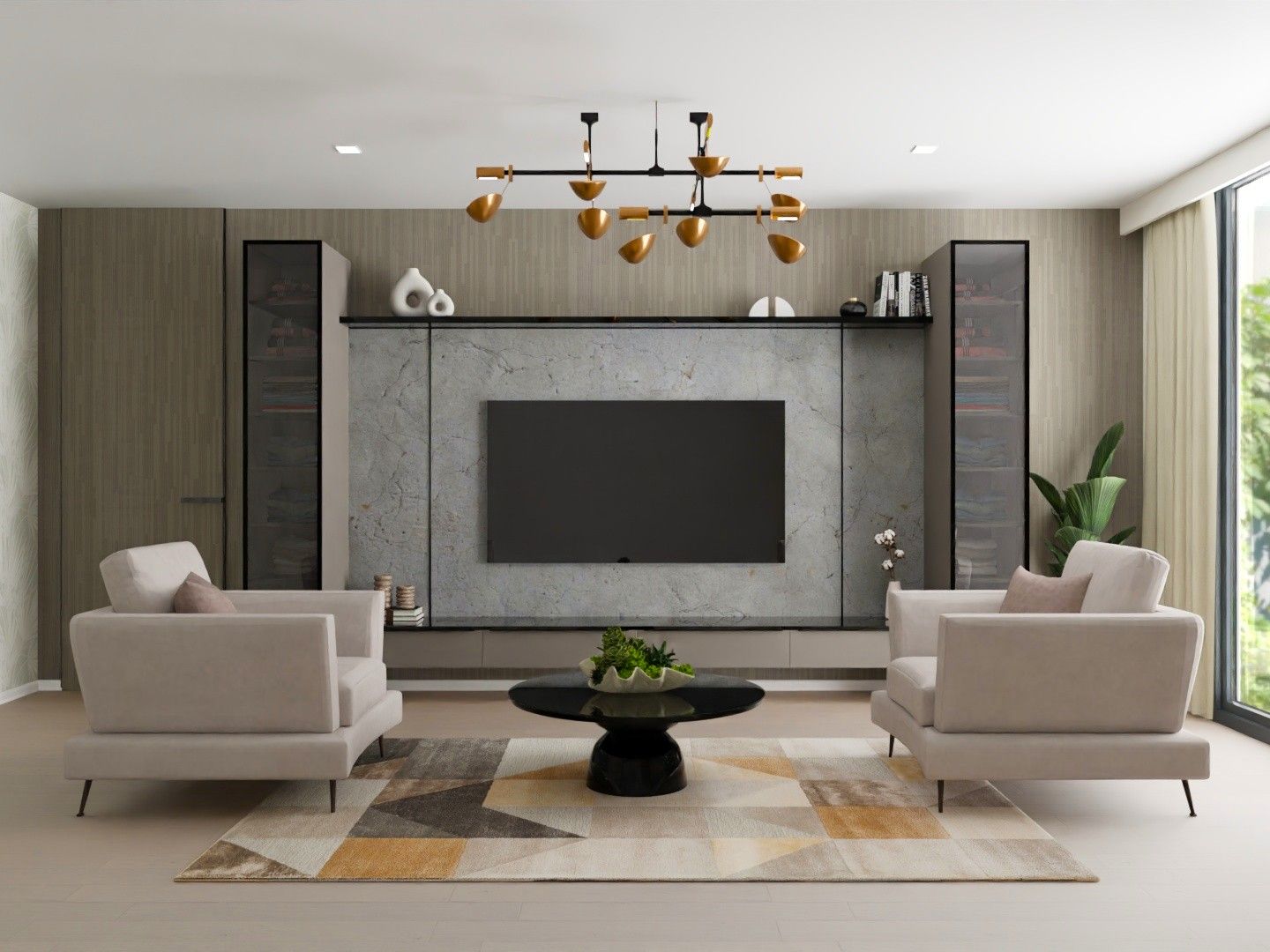 Minimalist living room with marble TV panel and beige armchairs - Beautiful Homes