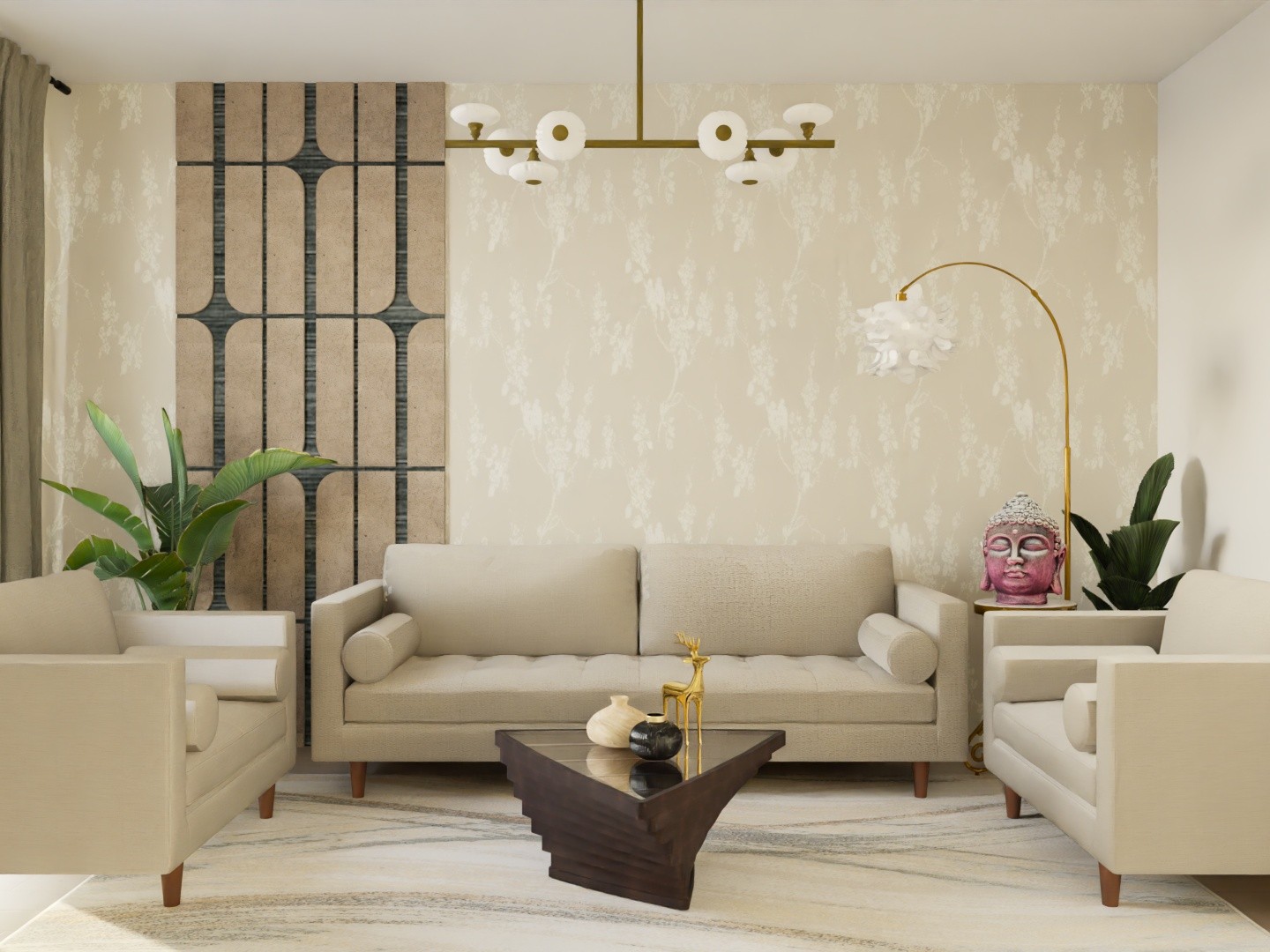 Neutral living room with geometric wall design - Beautiful Homes