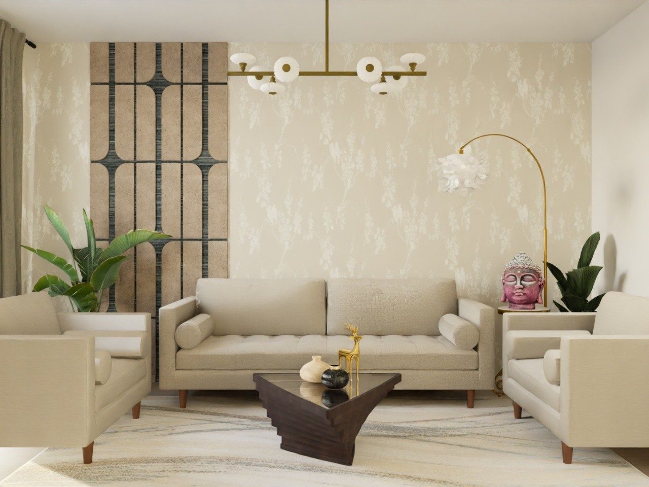 Neutral living room with geometric wall design - Beautiful Homes