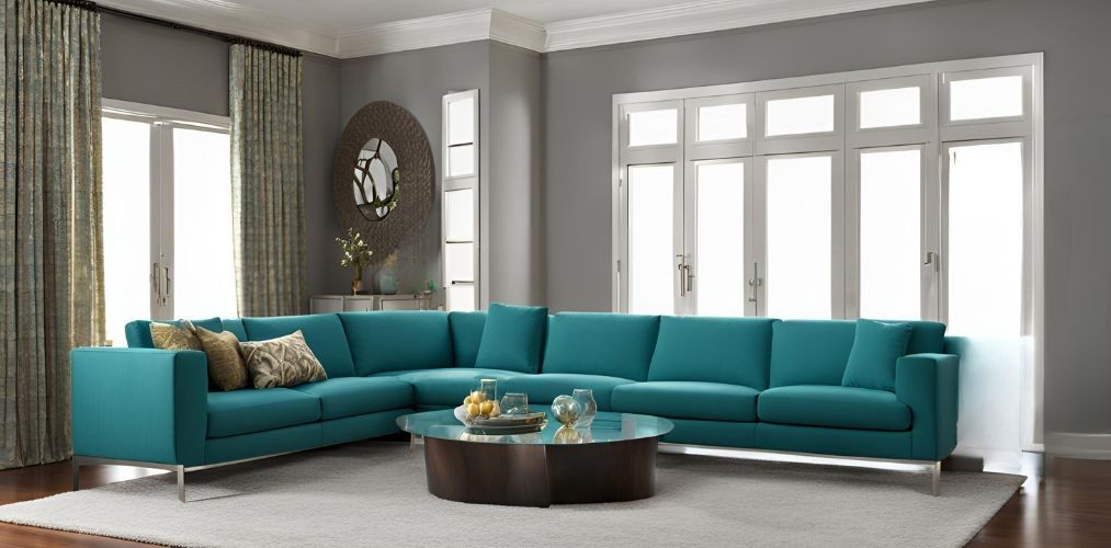 Contemporary living room with turquoise l-shape sofa - Beautiful Homes