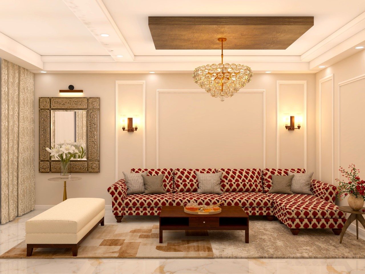 Contemporary living room with vibrant sofa set and decorative mirror-Beautiful Homes
