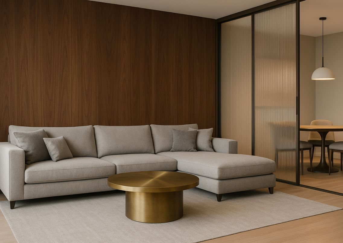 Modern living room with grey sofa and brass table - Beautiful Homes
