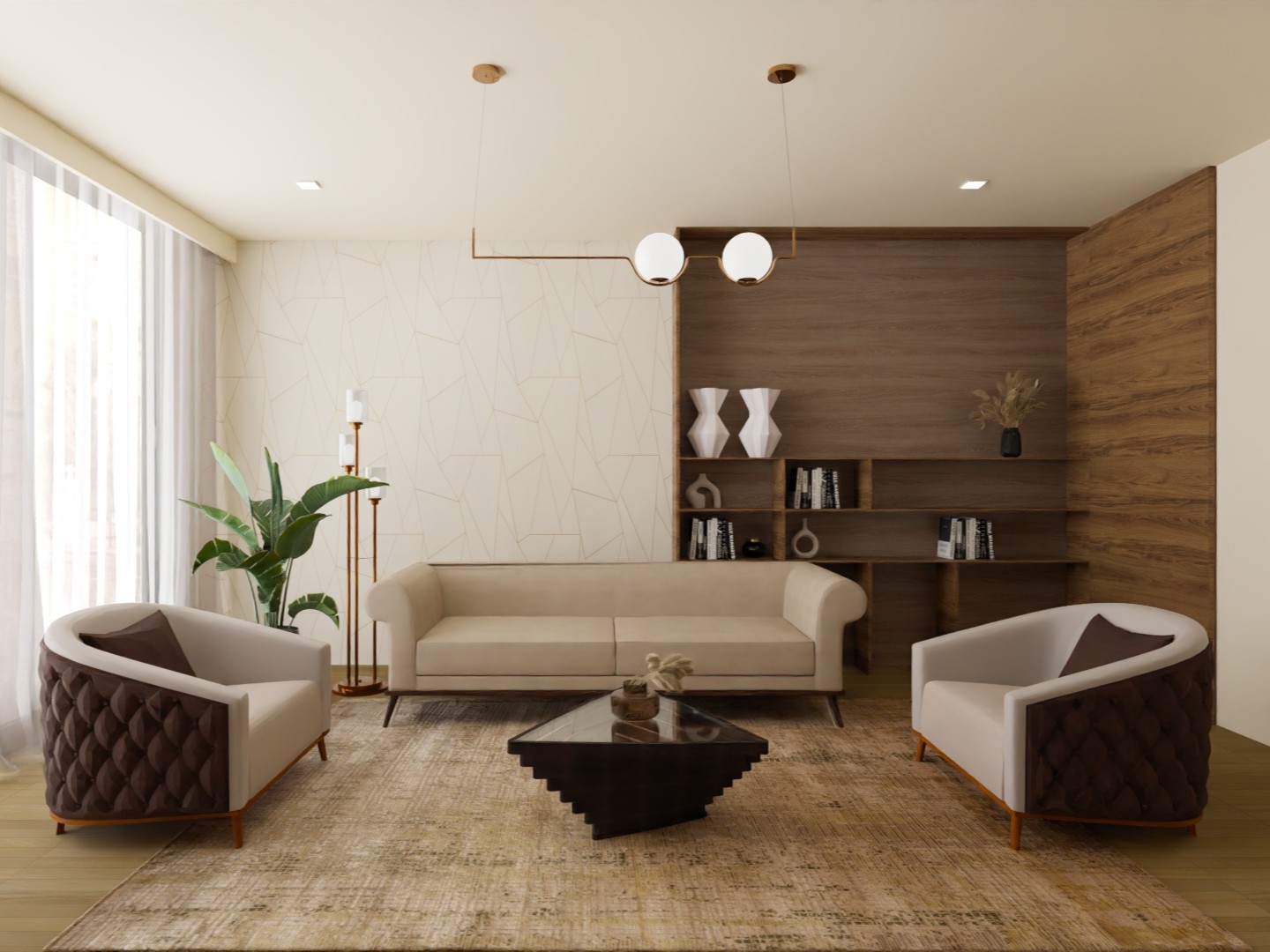 Living room with beige sofa and wooden décor - Beautiful Homes