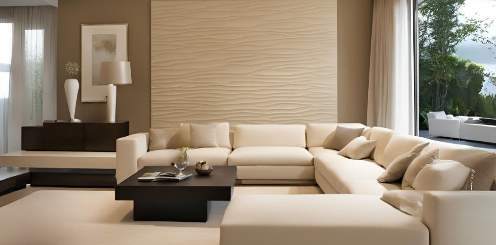 Contemporary living room with white sofa and textured wall panel - Beautiful Homes