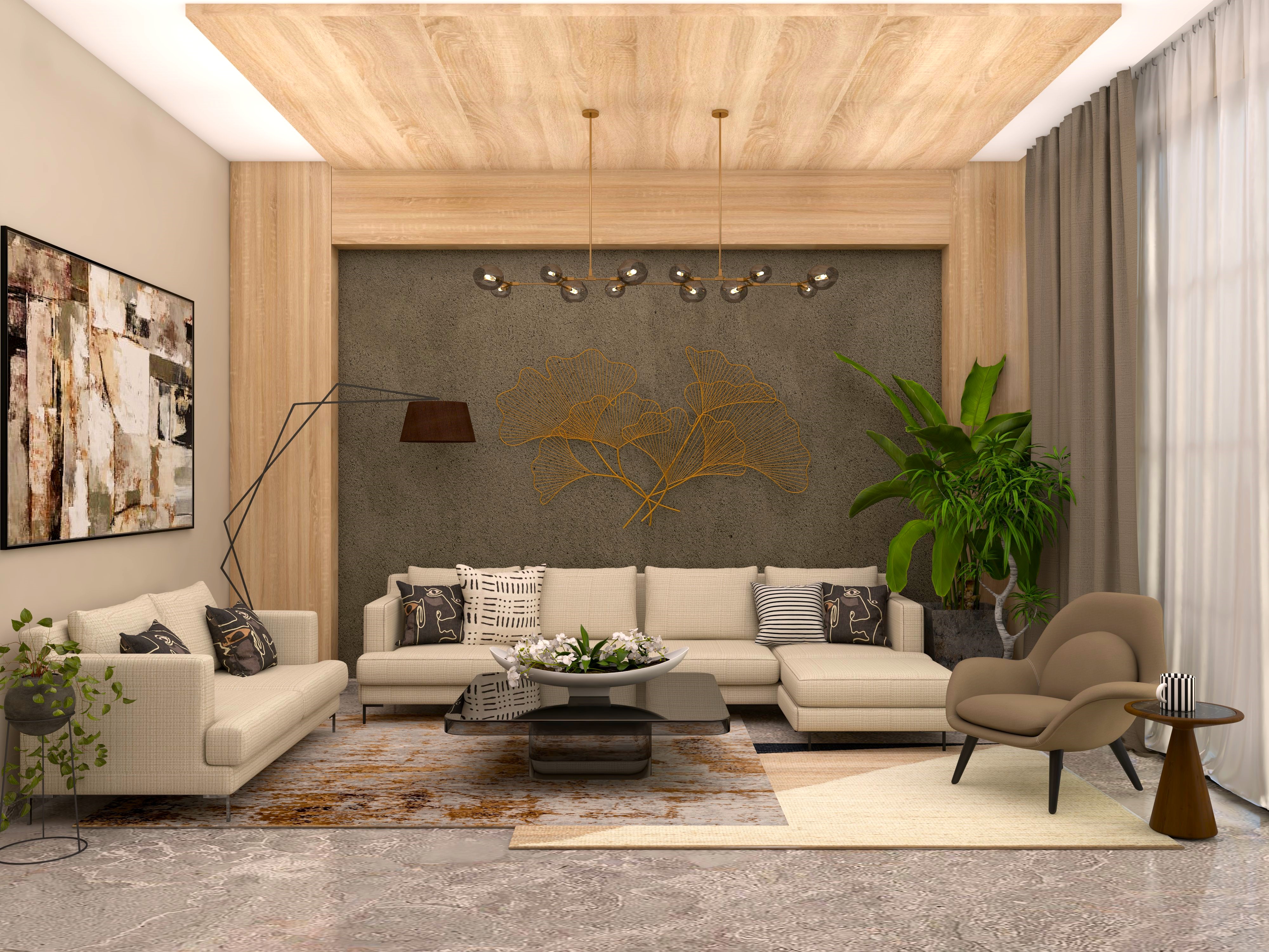 Contemporary living room with white sofa set and brown textured wall-Beautiful Homes