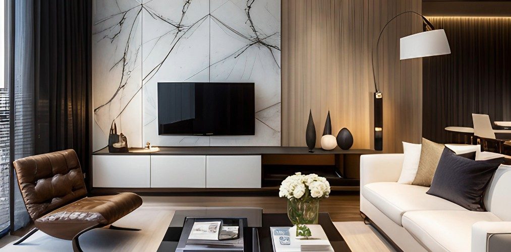 Contemporary living room with white sofa set and white tv unit-Beautiful Homes