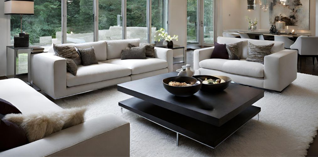 Contemporary living room with white sofas and black center table-Beautiful Homes