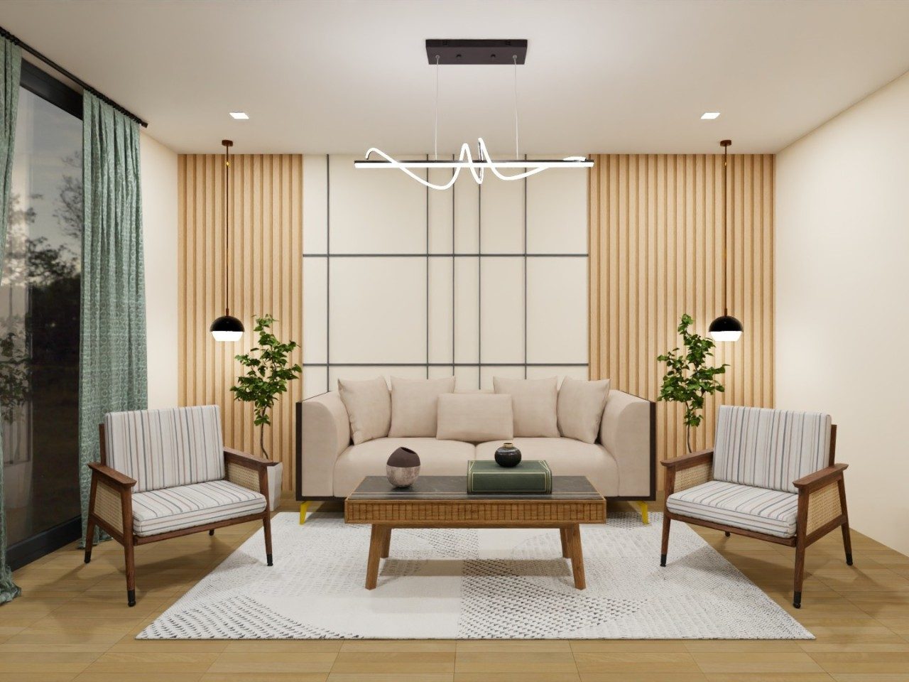 Living room with beige sofa and wooden accents - Beautiful Homes