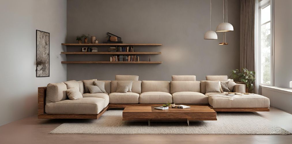 Contemporary living room with wooden sofa set and wall shelves - Beautiful Homes