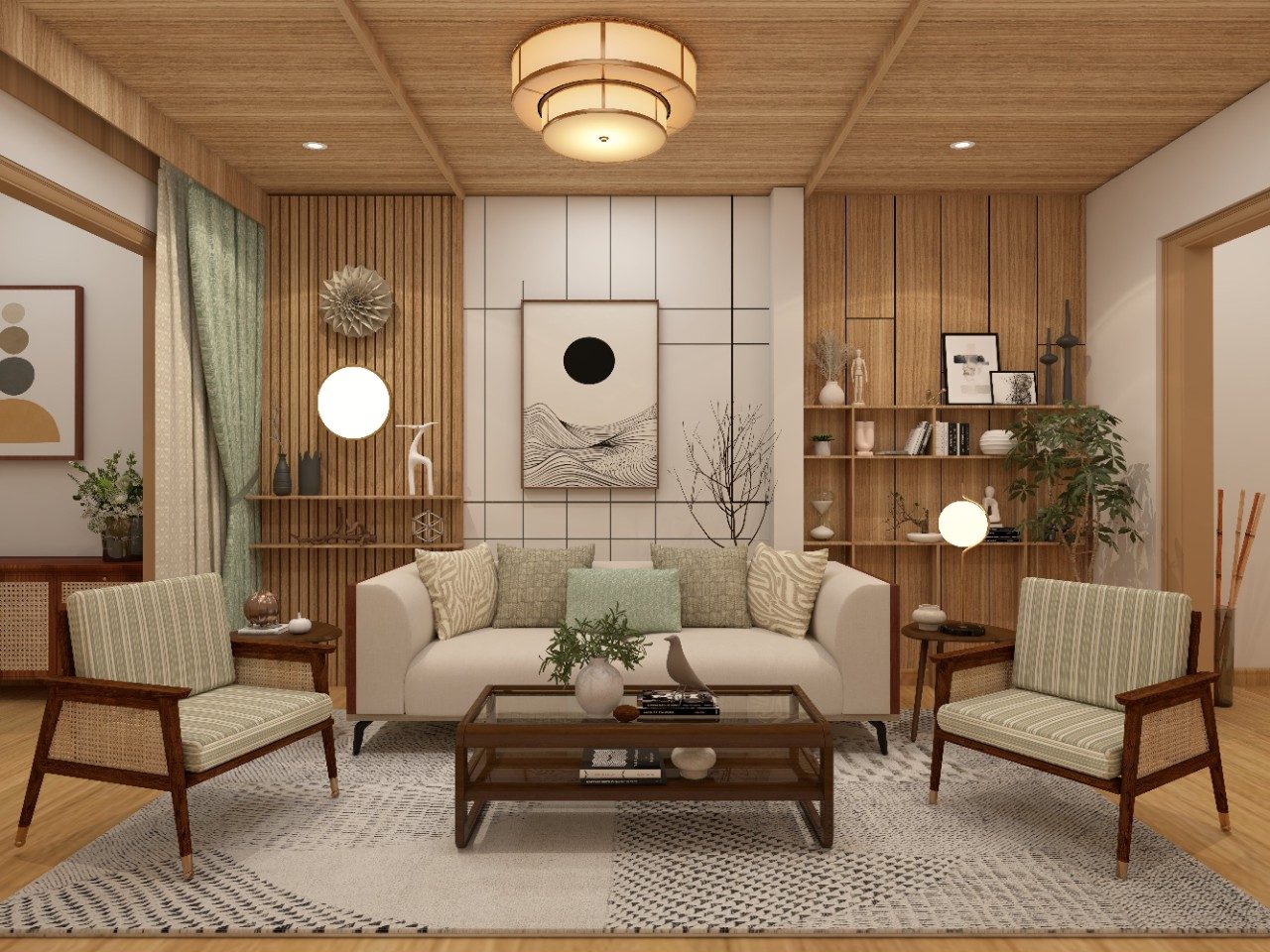 Contemporary living room with wooden wall paneling and wooden ceiling - Beautiful Homes