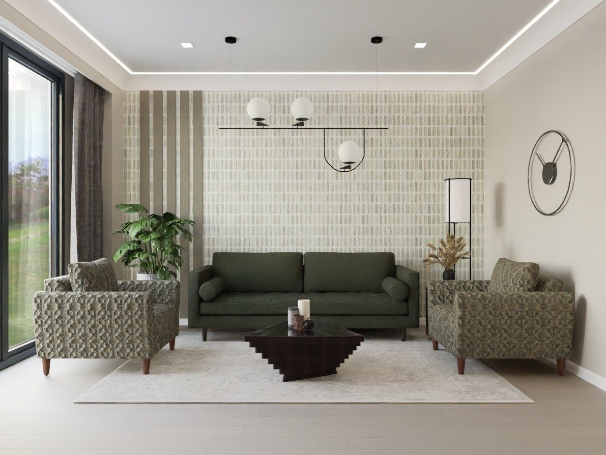 Living room with green sofa and modern décor - Beautiful Homes